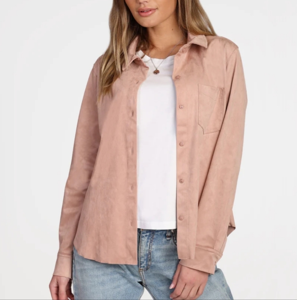 Women's Dylan Faux Suede Long Sleeve Button Down Shacket Size Large Top